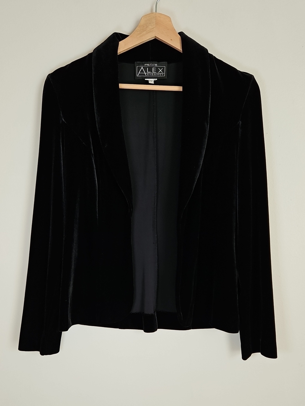 Alex Evenings Velvet Shawl Collar Open Blazer Black SZPP Event Dark Romantic